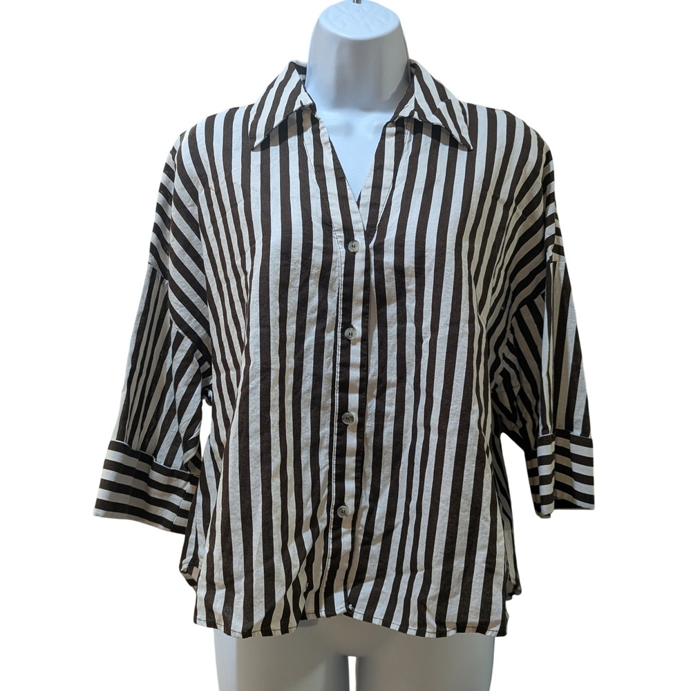 Zara Womens Brown White Striped Linen Cotton Button Down Boxy Shirt Small